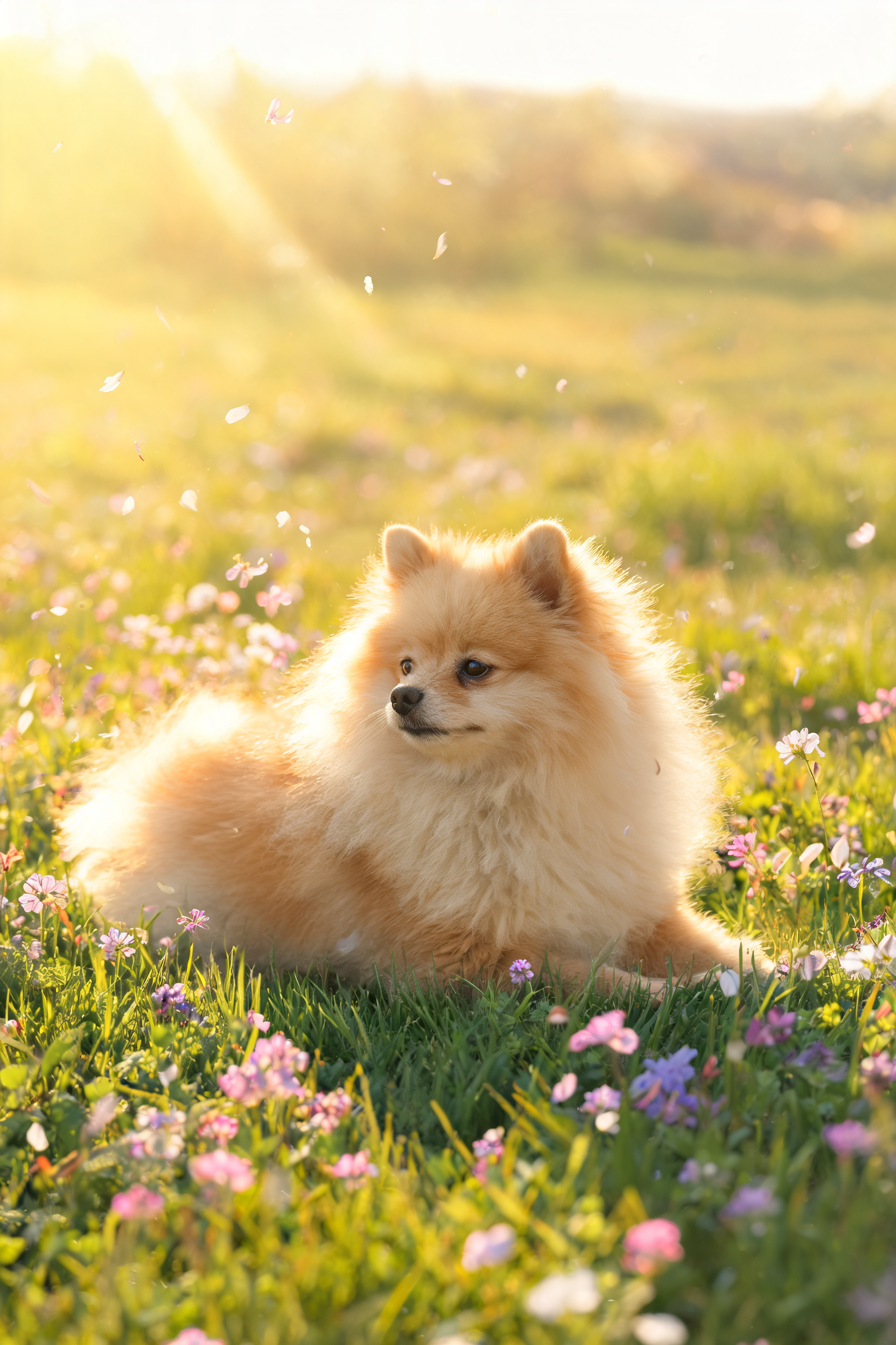 A Pomeranian portrait resting in a sunlit spring meadow of wildflowers